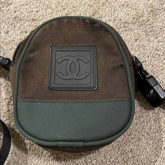 CHANEL Vintage Rare COCO Mark Sports Line Crossbody Sling Bag Canvas Brown Green - Picture 3 of 13